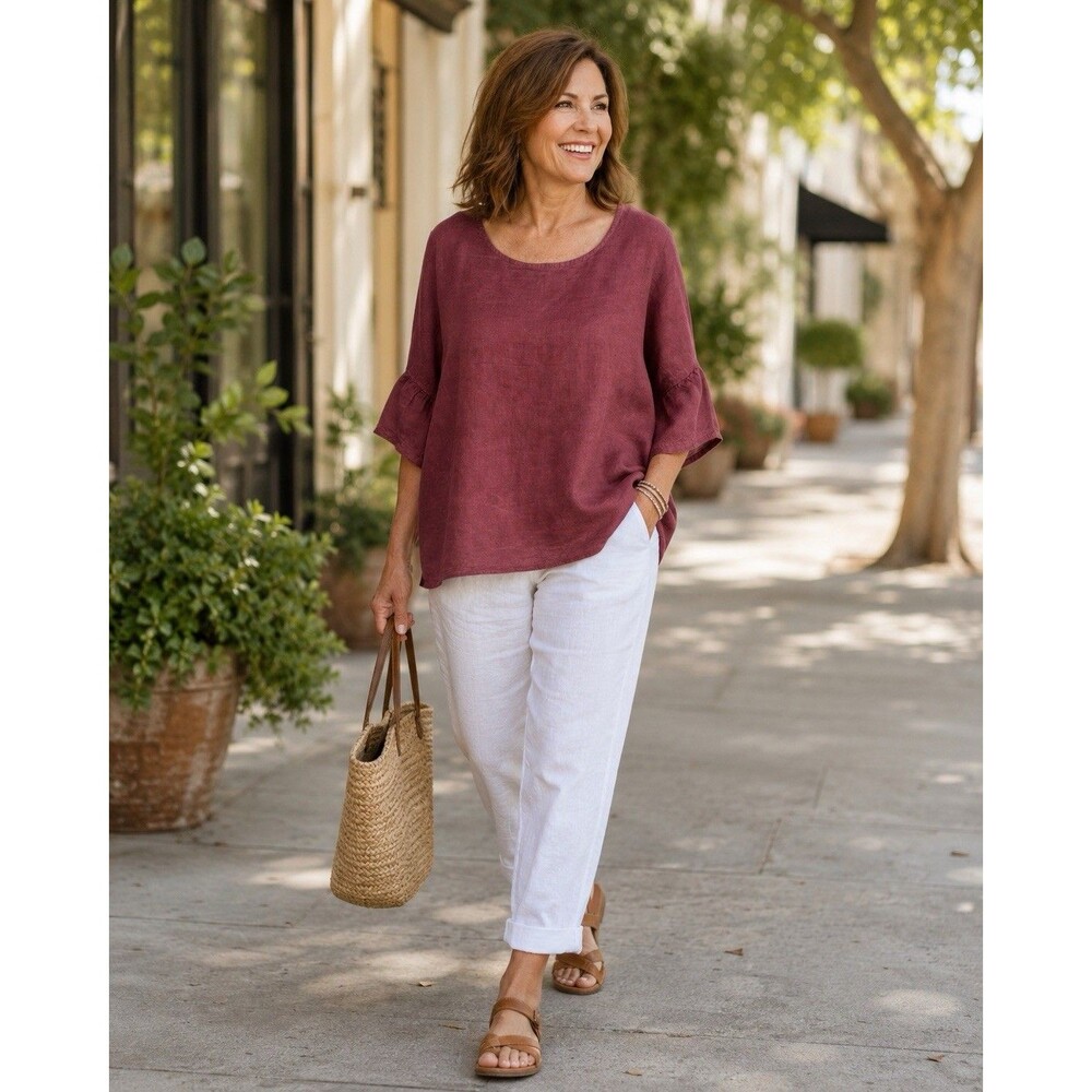 Elena Baldi Burgundy Linen Blouse Top Italy Made Size Large Boxy Relaxed Fit